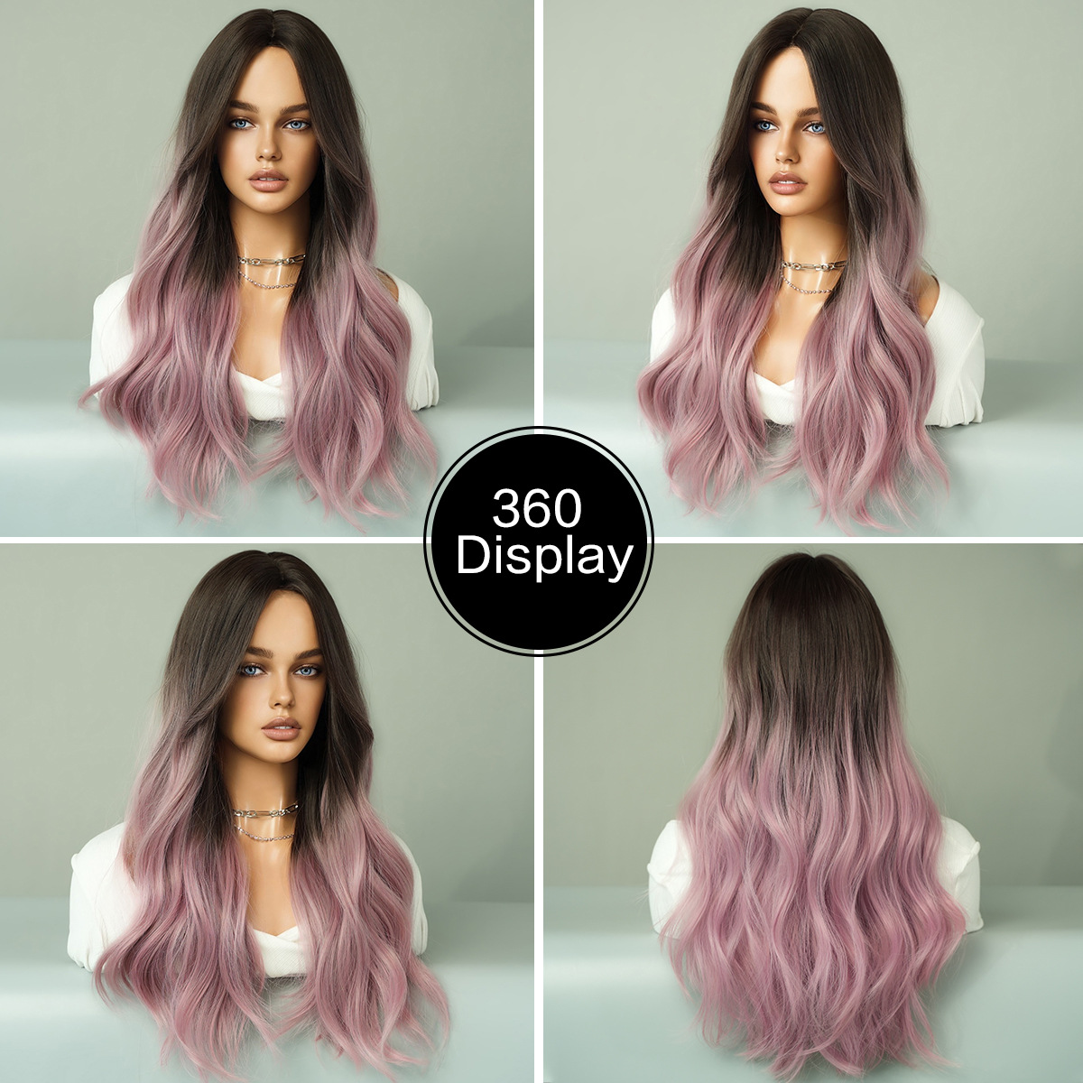 Women Pink Wigs Gradated Purple Long Curly Mid-Section Big Waves Fashion Wig